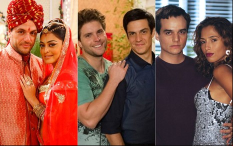 Montagem com três casais: Raj (Rodrigo Lombardi) e Maya (Juliana Paes) em Caminho das Índias; Niko (Thiago Fragoso) e Félix (Mateus Solano) em Amor à Vida; e Olavo (Wagner Moura) e Bebel (Camila Pitanga) em Paraíso Tropical