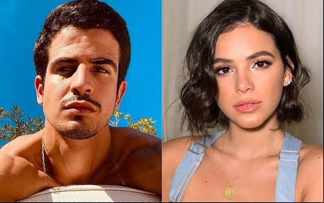 Enzo Celulari sem camisa tomando sol, sob céu azul; Bruna Marquezine fazendo carão em selfie com o cabelo curtinho e cacheado
