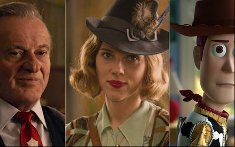 Montagem de fotos com Joe Pesci (O Irlandês), Scarlett Johansson (Jojo Rabbit) e Woody (Toy Story 4)