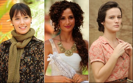 Montagem com Marjorie Estiano como Manuela em A Vida da Gente à esquerda, Camila Pitanga como Isabel em Lado a Lado no centro e Bianca Bin como Amélia em Joia Rara à direita