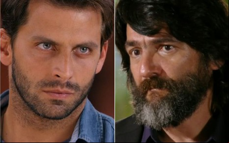 Montagem com o ator Henri Castelli à esquerda como Cassiano e César Troncoso como dom Rafael à direita em cena de Flor do Caribe