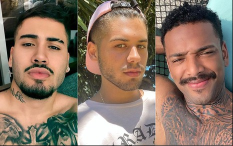 Kevinho e Nego do Borel sem camisa; Zé Felipe de camiseta branca e boné rosa