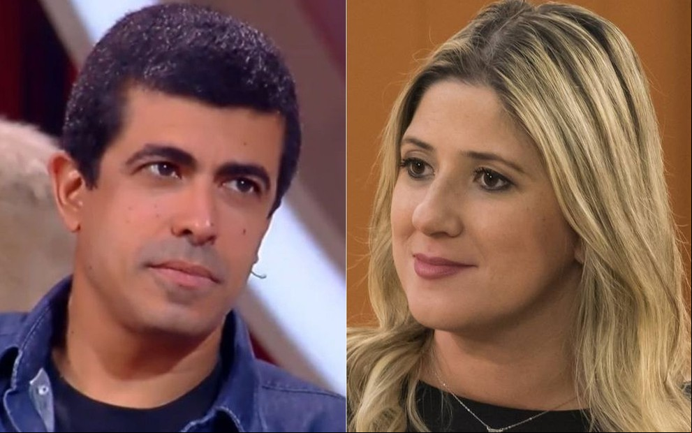 Marcius Melhem de camisa azul; Dani Calabresa, loira, de blusa preta
