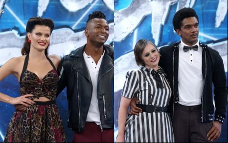 Montagem com as duplas Isabeli Fontana e Igor Maximiliano e Guta Stresser e Marcus Lobo no palco do Domingão do Faustão