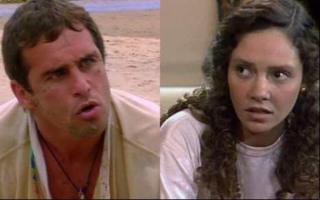 Marcos Frota e Thais de Campos com expressões de desconfiança em cenas de Mulheres de Areia