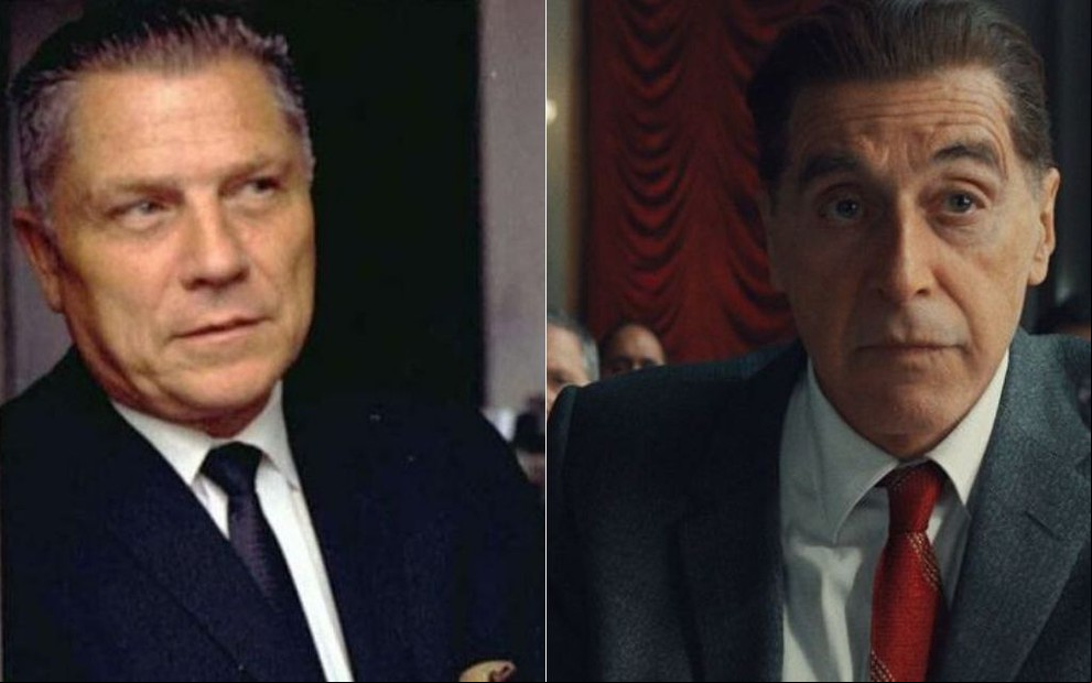 Montagem de fotos: à esquerda, Jimmy Hoffa na vida real; à direita, Al Pacino como o líder sindical no filme O Irlandês