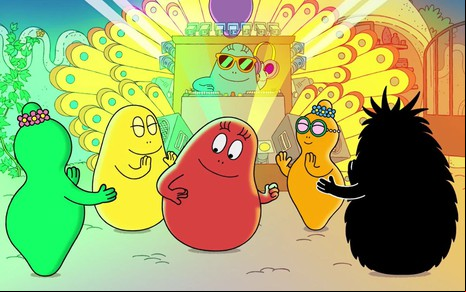 Os personagens de Barbapapa dançam diante de uma mesa de DJ