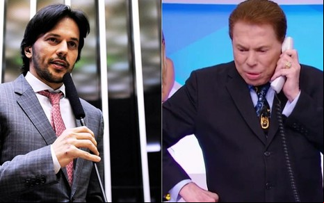 Montagem de fotos com o deputado federal Fábio Faria e o apresentador Silvio Santos, que está ao telefone