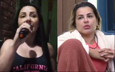 Montagem com imagens de Daniele Bezerra na portaria de A Fazenda 14 e Deolane Bezerra dentro da sede