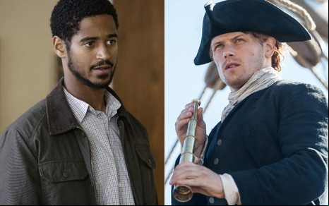 Montagem com fotos de Alfred Enoch em cena de How To Get Away With Murder e Sam Heughan em cena de Outlander