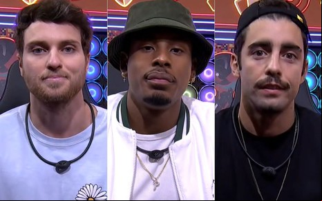 Montagem com imagens de Lucas Bissoli, Paulo André e Pedro Scooby, da esquerda para a direita, no confessionário do BBB 22