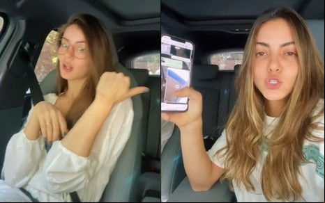 A atriz Camila Queiroz ao lado da irmã Caroline; elas cantam música em tom infantil que fala de segredos ocultos, e Caroline mostra suposta conversa em smartphone