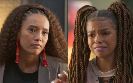 As atrizes Taís Araujo e Jeniffer Nascimento como Anita e Jéssica em Cara e Coragem; na montagem, elas estão olhando para o mesmo lado, a primeira com cara séria e a segunda com cara de choro