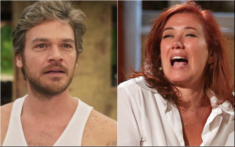 Montagem com fotos dos atores Emilio Dantas, em Segundo Sol, e Lilia Cabral, em Páginas da Vida, novelas da Globo. Ele sério e ela com boca aberta