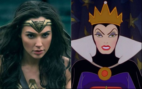 Montagem de fotos com Gal Gadot como Mulher-Maravilha e personagem da Rainha Má em Branca de Neve e os 7 Anões