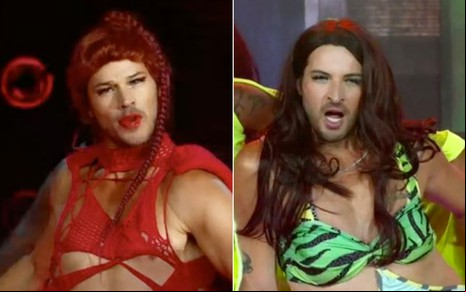 José Loreto, vestido de Pabllo Vittar, e Leandro Lima, em performance como a cantora Anitta no palco do Domingão