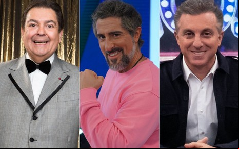 Montagem com fotos de Fausto Silva, Marcos Mion e Luciano Huck