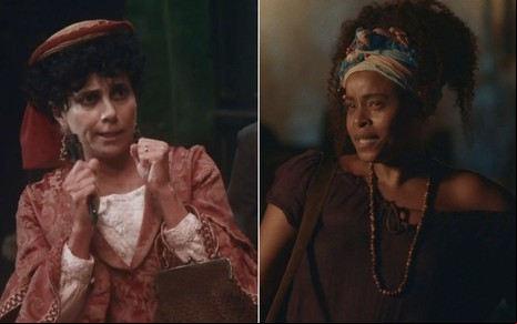 Montagem com a atriz Paula Cohen como a Lota à esquerda e a atriz Roberta Rodrigues como Lupita à direita em cenas de Nos Tempos do Imperador