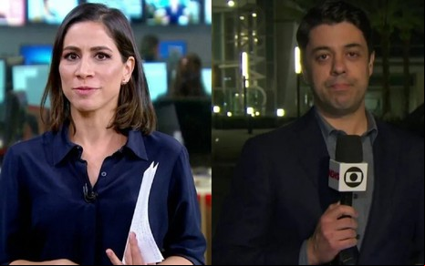 Júlia Duailibi à esquerda com camiza azul; Tiago Eltz em Nova York com o microfone da Globo