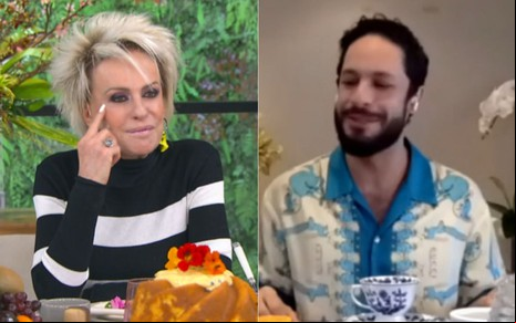 Montagem com fotos de Ana Maria Braga e Rainer Cadete tomando café da manhã no Mais Você de 27 de agosto