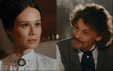 Montagem com as fotos de  Luísa (Mariana Ximenes) e Eugênio (Thierry Tremourox) com cenas de Nos Tempos do Imperador