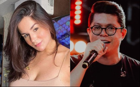 Pamella Gomes de blusa bege de alças, cabelo castanho escuro; DJ Ivis de camiseta preta segurando microfone em show