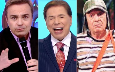 Montagem de fotos com os apresentadores Gugu Liberato (à esquerda), Silvio Santos (ao centro) e Roberto Bolaños como o personagem Chaves (à direita)