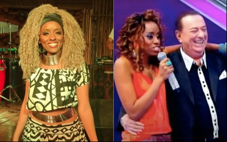 Montagem com foto da cantora Thamires Rosa sozinha e outra dela no Programa Raul Gil com o apresentador