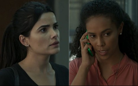 Montagem com as personagens Antônia (Vanessa Giácomo) e Nina (Ana Isabela Godinho) em cena da novela Pega Pega