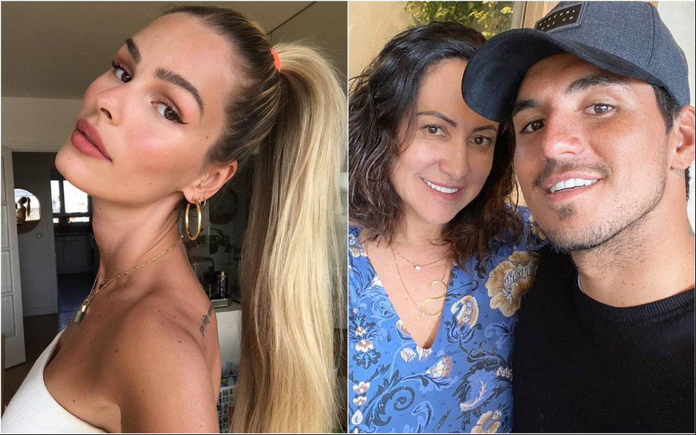 Yasmin olha para a câmera, veste blusa branca e está com o cabelo preso; Simone veste camiseta azul e está ao lado de Medina; o surfista sorri, usa boné preto e camiseta preta