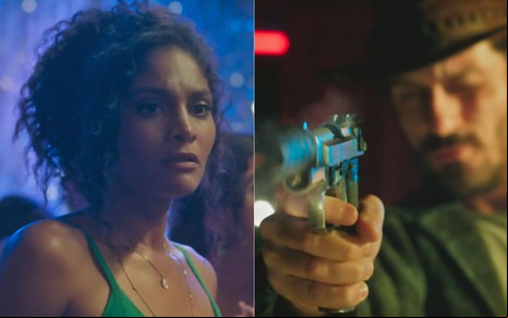 Montagem de Aline (Barbara Reis) e do matador (Zé Wendell) em cena da novela Terra e Paixão