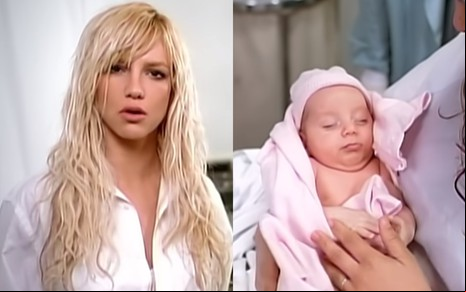 Na montagem em cena do clipe de Everytime (à esquerda) e bebê com roupa rosa, em um colo (à direita)