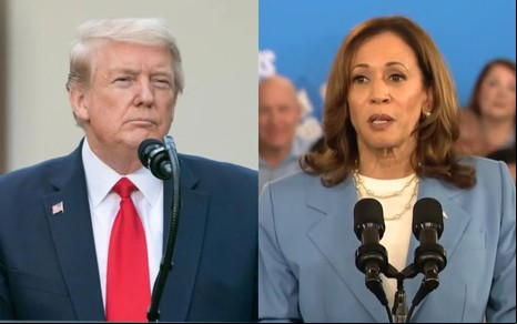 Na montagem estão Donald Trump em um púlpito (à esquerda) e Kamala Harris durante discurso em púlpito (à direita)