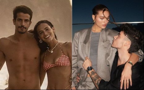 Montagem com fotos de Enzo Celulari com Bruna Marquezine e Sasha Meneghel com João Lucas