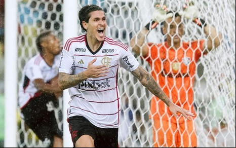 Pedro comemora o segundo gol do Flamengo contra o Fluminense neste sábado (9)