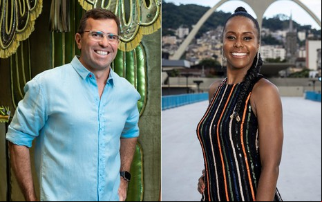 Rodrigo Bocardi e Maju Coutinho durante preparação para cobertura do Carnaval de 2023 na Globo; ele veste camisa azul e ela está no sambódromo do Rio
