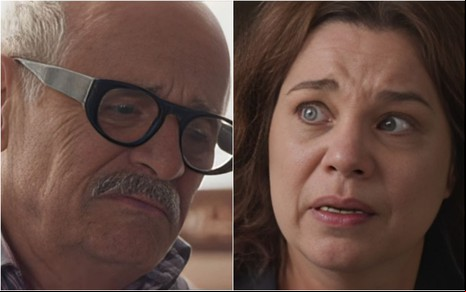 Montagem com uma foto de Marcos Caruso, o Sérgio, e outra de Isabel Teixeira, a Helena; ele parece estar com dor, e ela exprime confusão a mágoa em cena de Elas por Elas