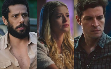 Montagem com fotos de Amaury Lorenzo, Agatha Moreira e Leandro Lima em cenas de Terra e Paixão