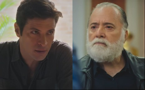 Montagem com uma foto de Leandro Lima, o Marino, e outra de Tony Ramos, o Antônio; ambos estão desafiadores em cenas de Terra e Paixão