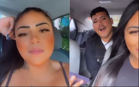 Montagem com Stories de Nina Capelly dentro de um carro; em um deles, ela está com o ex-BBB Lucas Henrique Ferreira