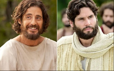 Montagem com Jonathan Roumie como Jesus em The Chosen à esquerda e Dudu Azevedo como Cristo em Jesus da Record à direita