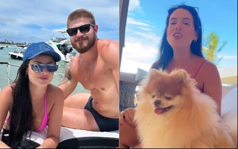 Montagem com fotos de Juliette e Kaique Cerveny juntos, e Camilla Diniz com um cachorrinho