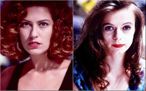 Montagem com fotos de Patricia Pillar e Maria Luísa Mendonça caracterizadas como Eliana e Buba em Renascer (1993), olhando sérias para as câmeras