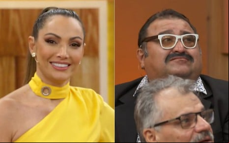 Montagem com foto de Patrícia Poeta e participante da plateia do Encontro parecido com o Seu Barriga do Chaves