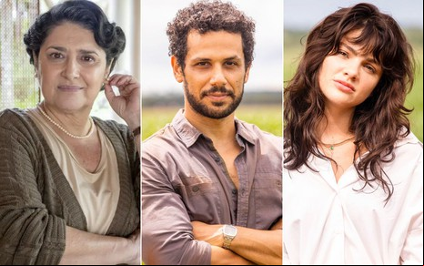 Montagem com Inez Viana como Angelina à esquerda, Amaury Lorenzo como Ramiro no centro e Débora Ozório como Petra à direita em cenas de Terra e Paixão