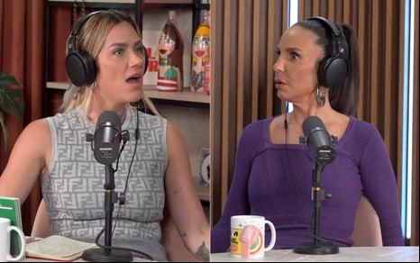 Montagem com fotos de Giovanna Ewbank e Ivete Sangalo com expressão de choque no Quem Pode, Pod