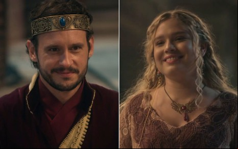 Montagem com Guilherme Dellorto como Salomão à esquerda e Letícia Peroni como Kéfira à direita em cena de Reis
