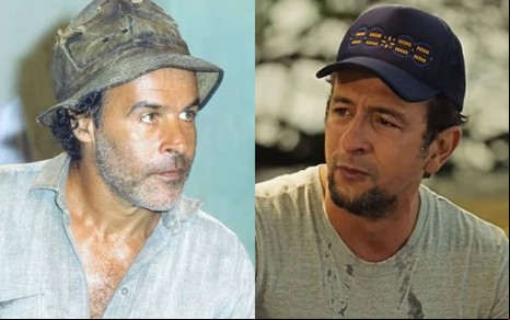 Montagem com uma foto de Osmar Prado, caracterizado como Tião Galinha em 1993; e outra de Irandhir Santos, que viverá o personagem no remake de Renascer