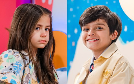 Montagem com uma foto de Mel Summers, a Anna, e outra de Guilherme Tavares, o André; ela está séria, e ele, sorri; ela está num cenário predominantemente rosa, e ele, azul.