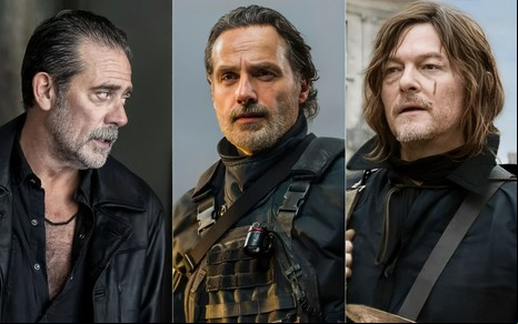 Montagem com fotos de Jeffrey Dean Morgan, Andrew Lincoln e Norman Reedus em seus respectivos spin-offs de The Walking Dead